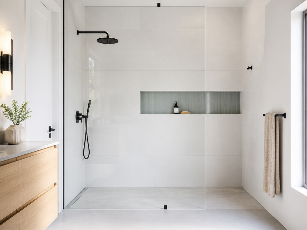 Illustrative example of a modern low-threshold walk-in shower with a glass panel